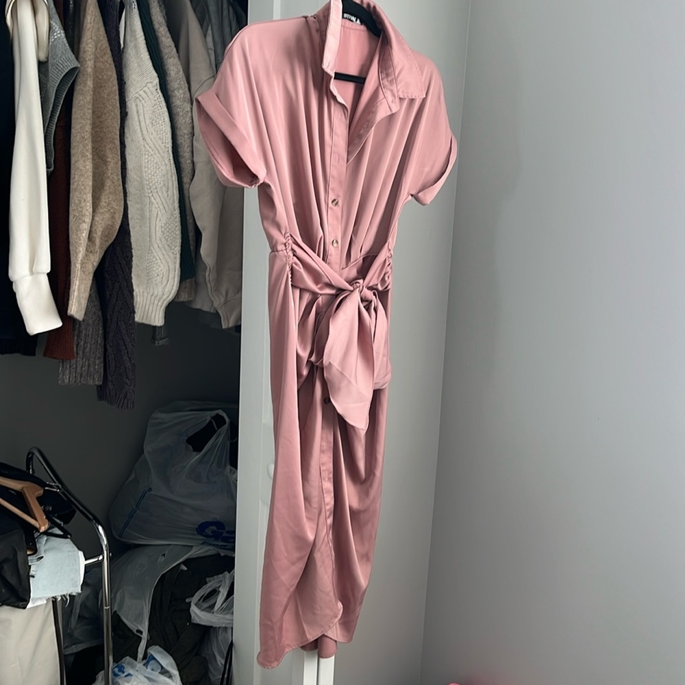 Amazon Pink Button-Up Dress with Waist Tie, worn once